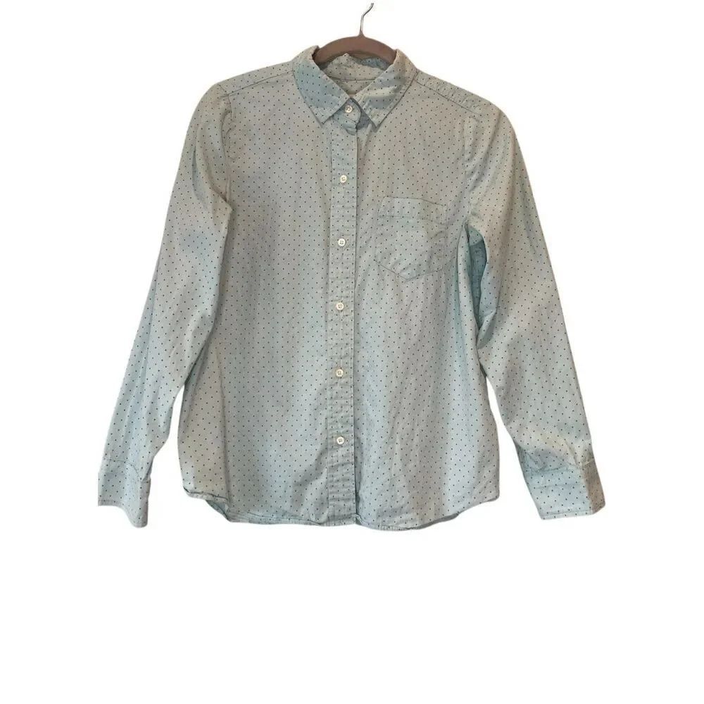 J.CREW Shrunken Shirt Polka Dot Oxford Print Blouse Top Mint Green Button Sz 6